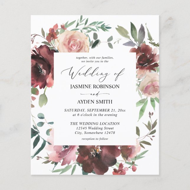 Budget Burgundy & Dusty Pink Floral 5 Wedding Flyer (Front)