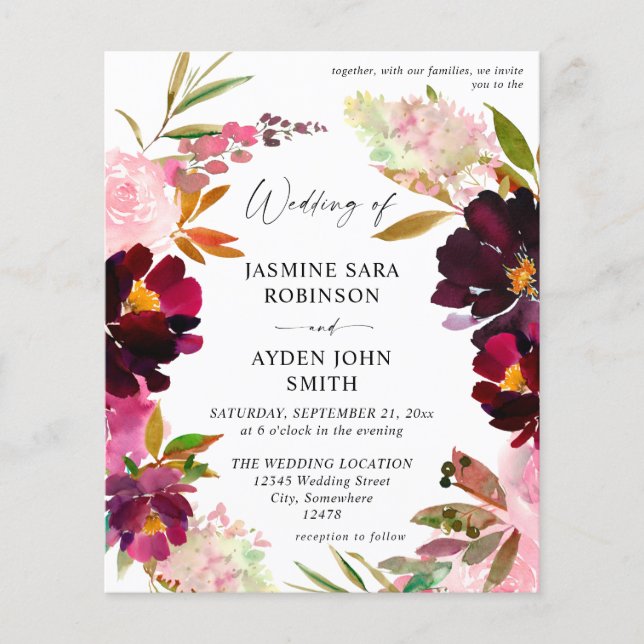 Budget Burgundy & Dusty Pink Floral 5 Wedding V2 Flyer (Front)
