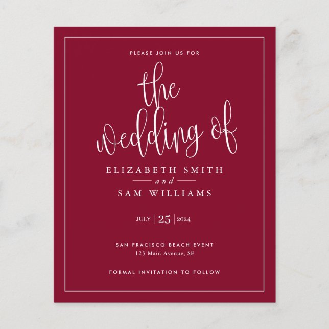 Budget Burgundy Elegant Simple Wedding Invitation Flyer (Front)