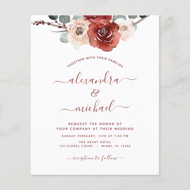 Budget Burgundy Eucalyptus Wedding Fall Flyer (Front)