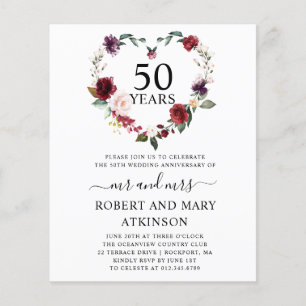 Budget Burgundy Floral 50th Anniversary Invitation