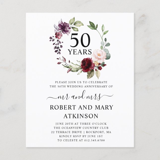 Budget Burgundy Floral 50th Anniversary Invitation (Front)