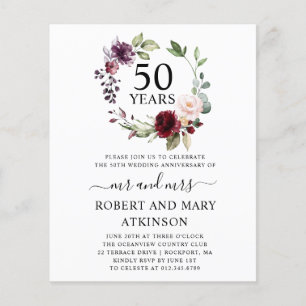 Budget Burgundy Floral 50th Anniversary Invitation
