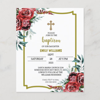 Budget Burgundy Floral Baptism Invitation