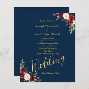 Budget Burgundy Floral Gold Blue Wedding Invite