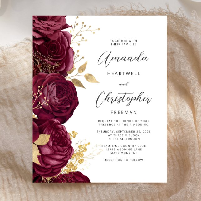 Budget Burgundy Floral Gold Script Wedding Invite (Creator Uploaded)