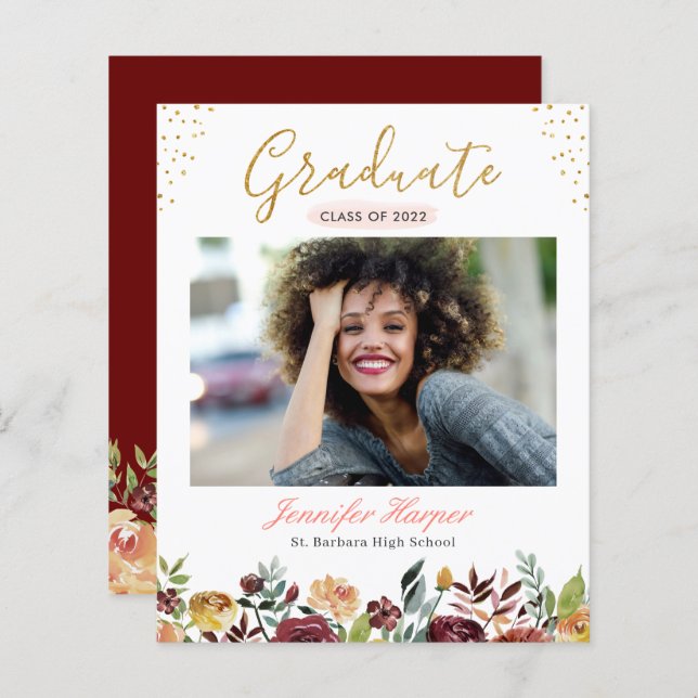 Budget Burgundy Floral Graduation Announcement (Front/Back)