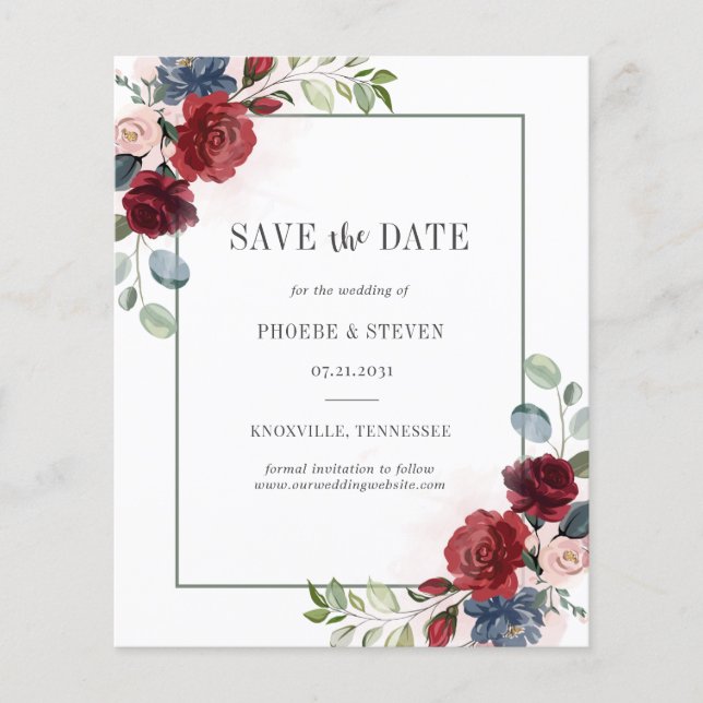 Budget Burgundy Floral Greenery Save the Date (Front)