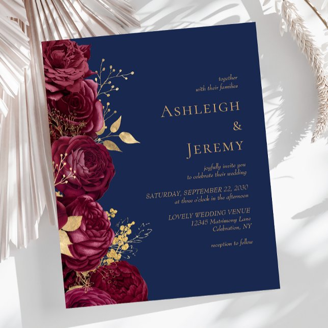 Budget Burgundy Floral Navy Blue Wedding Invite (Creator Uploaded)
