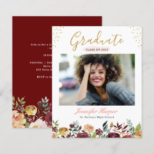 Budget Burgundy Floral Photo Graduation Announceme