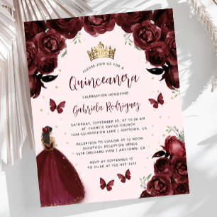 Budget Burgundy Floral Princess Quinceañera Invite