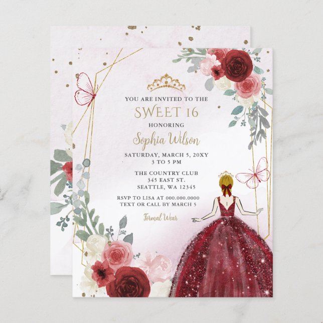 Budget Burgundy Floral Princess Sweet 16 Invite (Front/Back)