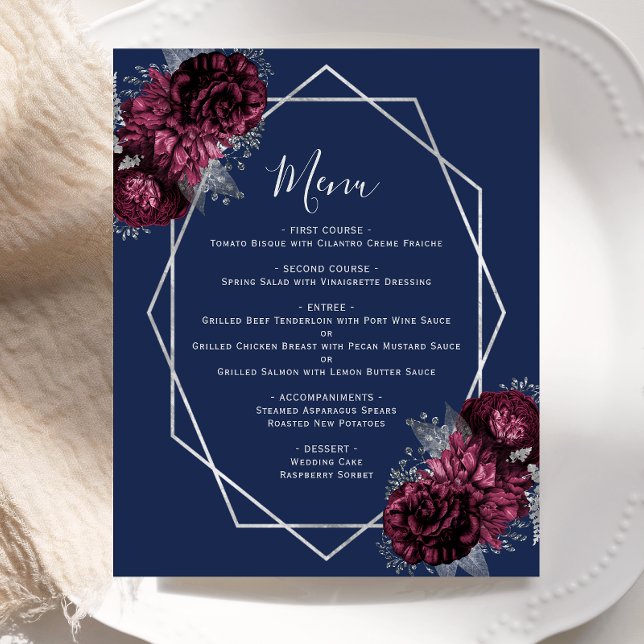 Budget Burgundy Floral Silver Navy Wedding Menu (Creator Uploaded)