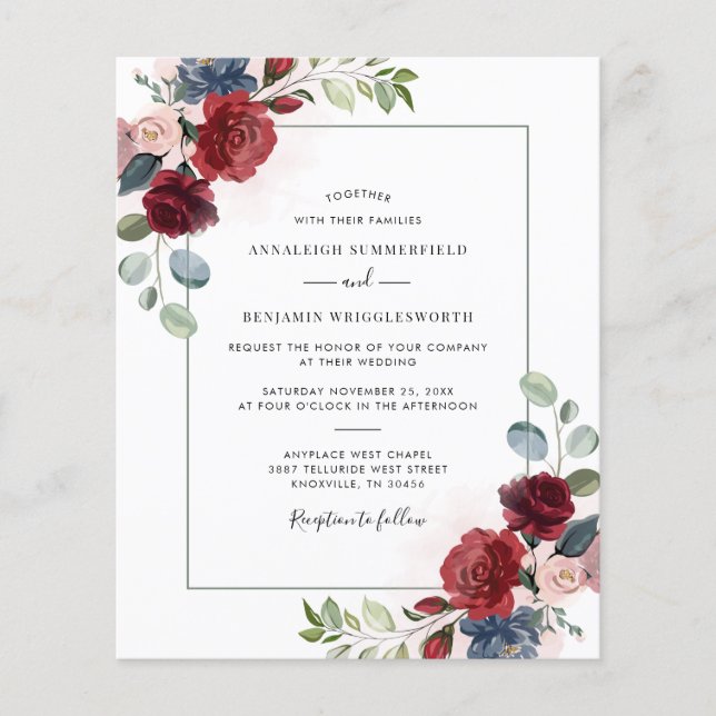 Budget Burgundy Floral Spring Wedding Invitation (Front)