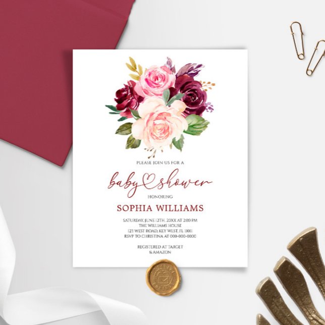 Budget Burgundy Flowers Baby Shower Invitation (Creator Uploaded)