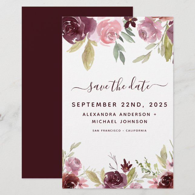 Budget Burgundy Flowers Floral Save the Date (Front/Back)