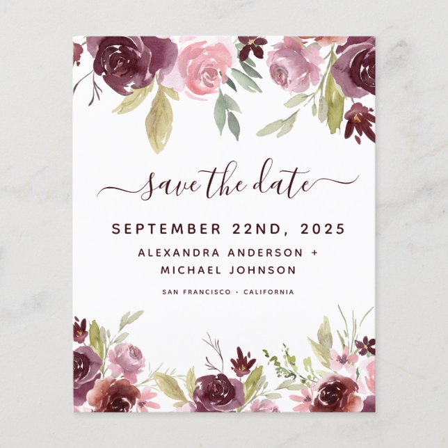 Budget Burgundy Flowers Floral Save the Date Flyer (Front)