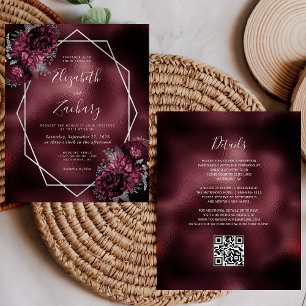 Budget Burgundy Foil Silver Floral QR Code Wedding