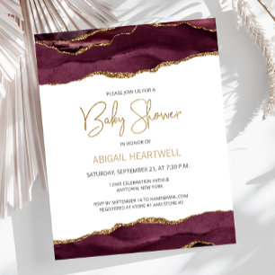 Budget Burgundy Gold Agate Baby Shower Invitation