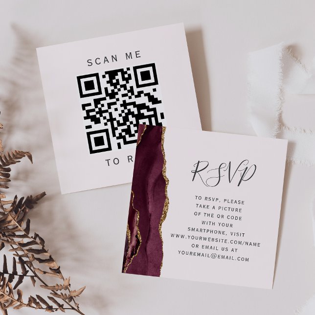 Budget Burgundy Gold Agate Blush QR Code RSVP Enclosure Card (Creator Uploaded)