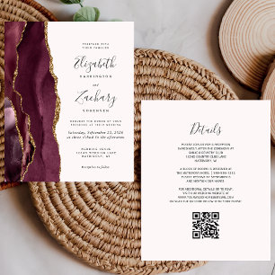 Budget Burgundy Gold Agate Blush QR Code Wedding