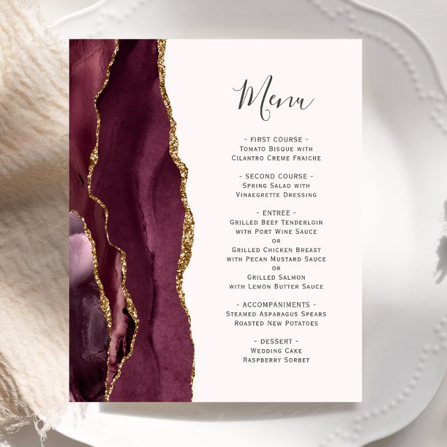 Budget Burgundy Gold Agate Blush Wedding Menu (Creator Uploaded)