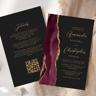 Budget Burgundy Gold Agate Dark QR Code Wedding