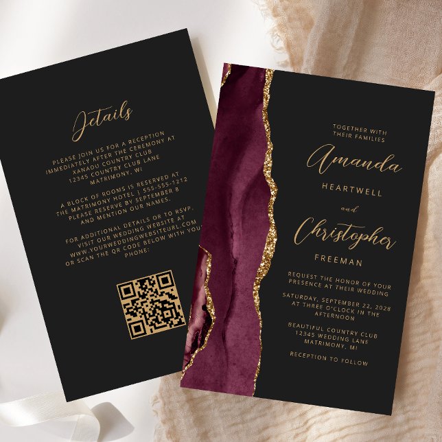 Budget Burgundy Gold Agate Dark QR Code Wedding (Creator Uploaded)