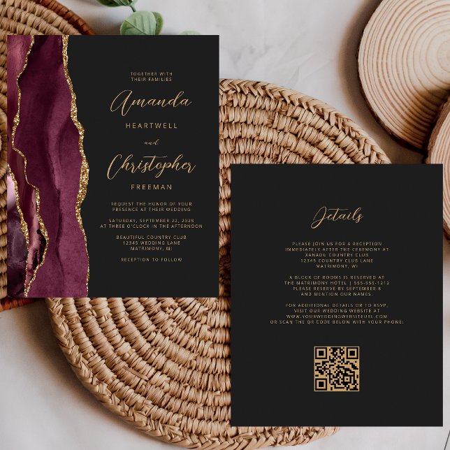 Budget Burgundy Gold Agate Dark QR Code Wedding (Creator Uploaded)