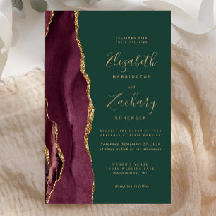 Budget Burgundy Gold Agate Green Wedding Invite