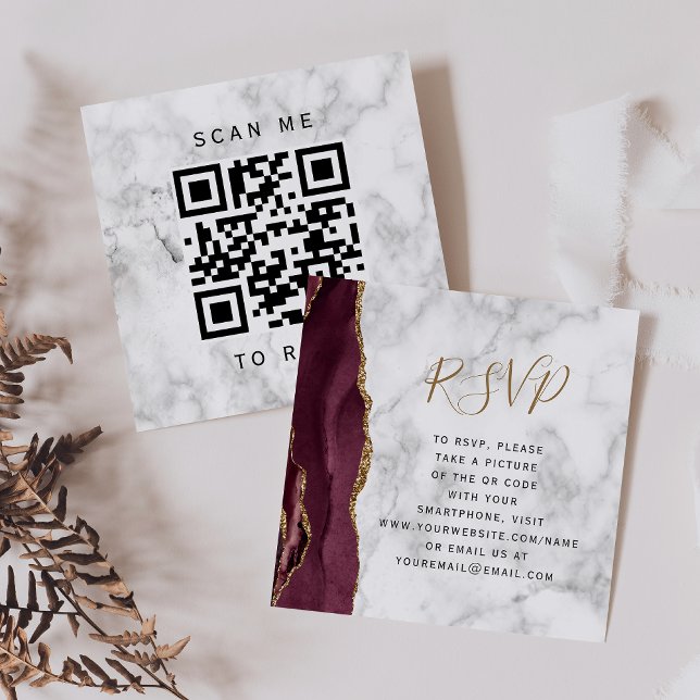 Budget Burgundy Gold Agate Marble QR Code RSVP Enclosure Card (Creator Uploaded)