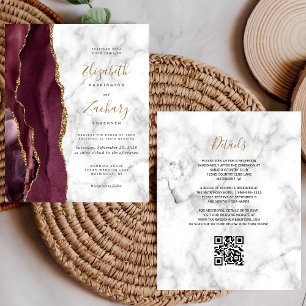 Budget Burgundy Gold Agate Marble QR Code Wedding