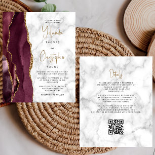 Budget Burgundy Gold Agate Marble QR Code Wedding