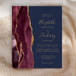 Budget Burgundy Gold Agate Navy Wedding Invite<br><div class="desc">The left-hand edge of this elegant modern wedding invitation features a burgundy watercolor agate border trimmed with gold faux glitter. The customisable text combines gold-coloured handwriting,  copperplate and italic fonts on a navy blue background. The reverse side features a matching burgundy and gold agate design.</div>