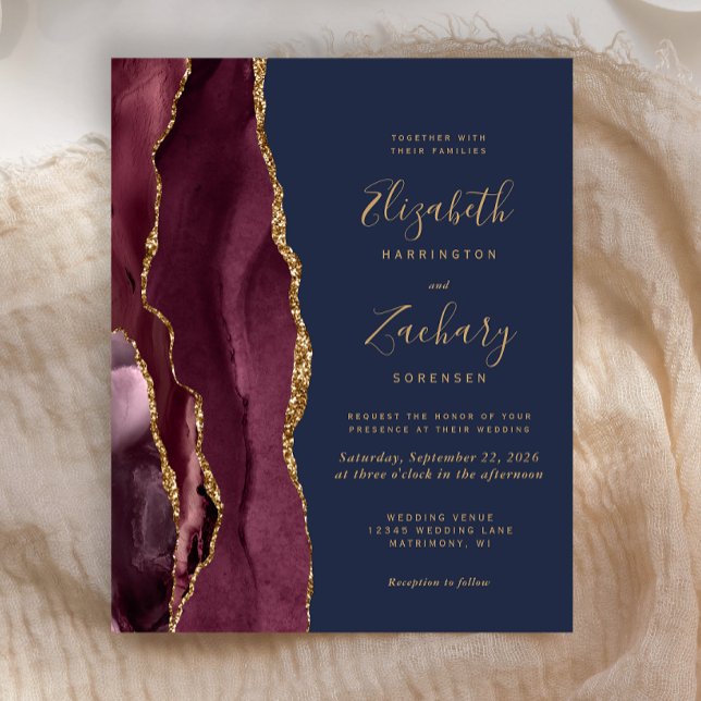 Budget Burgundy Gold Agate Navy Wedding Invite (Creator Uploaded)