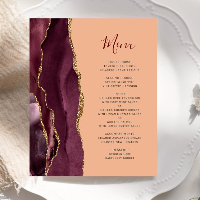 Budget Burgundy Gold Agate Peach Wedding Menu (Creator Uploaded)