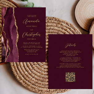 Budget Burgundy Gold Agate QR Code Wedding Invite