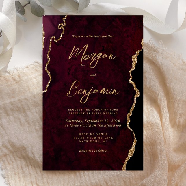 Budget Burgundy Gold Agate Script Wedding Invite (Creator Uploaded)