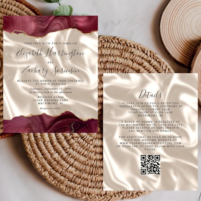 Budget Burgundy Gold Agate Silk QR Code Wedding (Creator Uploaded)