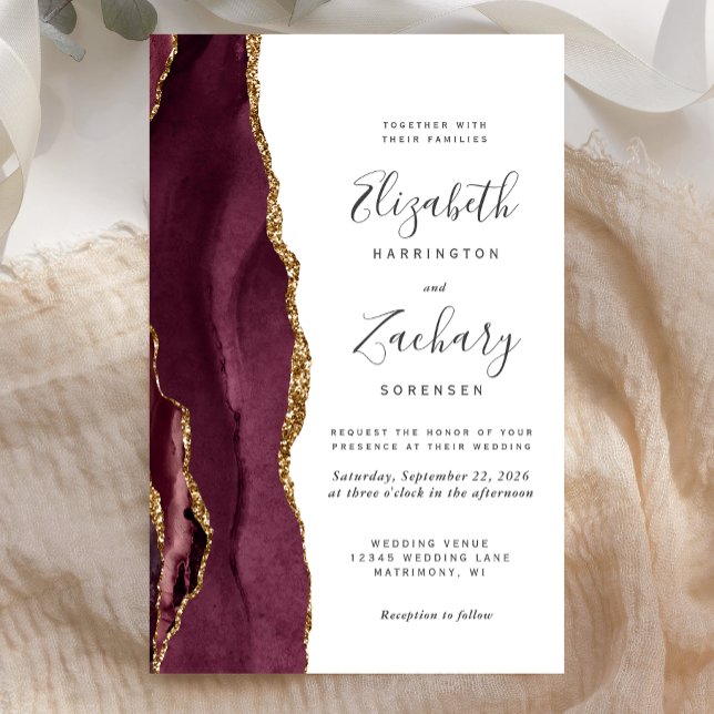 Budget Burgundy Gold Agate Wedding Invitation (Creator Uploaded)