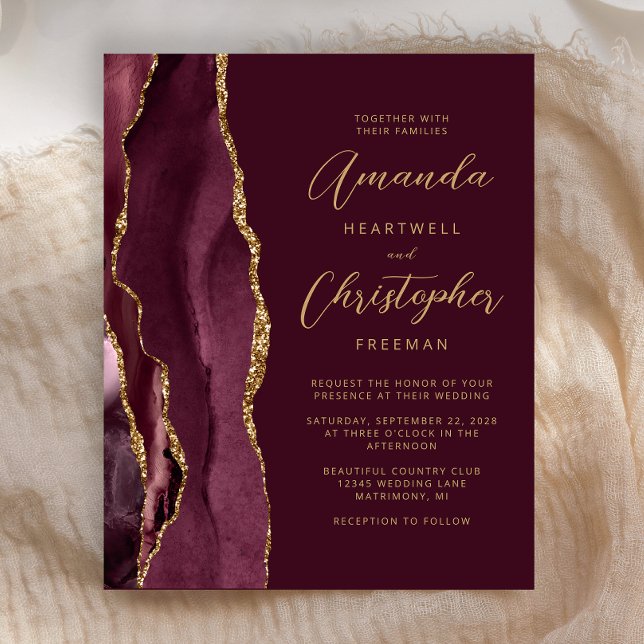 Budget Burgundy Gold Agate Wedding Invite (Creator Uploaded)