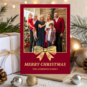 Budget Burgundy & Gold Bow Family Christmas Photo Holiday Card