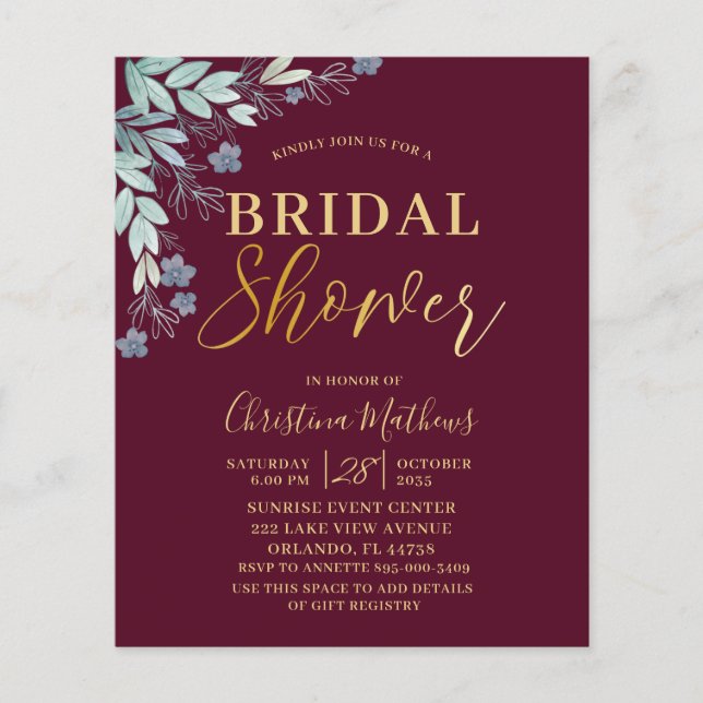 Budget Burgundy & Gold Bridal Shower Invitation (Front)