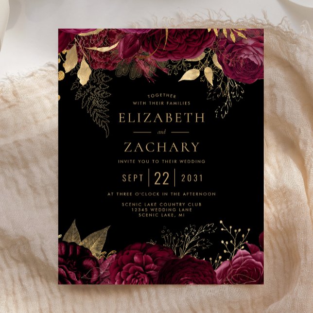 Budget Burgundy Gold Floral Dark Wedding Invite (Creator Uploaded)