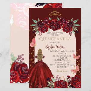 Budget Burgundy Gold Floral Princess Quinceañera