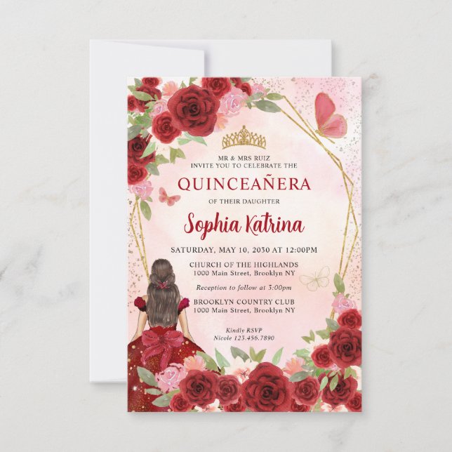 Budget Burgundy Gold Floral Princess Quinceañera Card (Front)