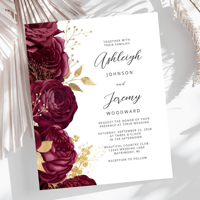 Budget Burgundy Gold Floral Script Wedding Invite (Creator Uploaded)