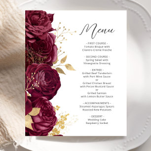 Budget Burgundy Gold Floral Script Wedding Menu