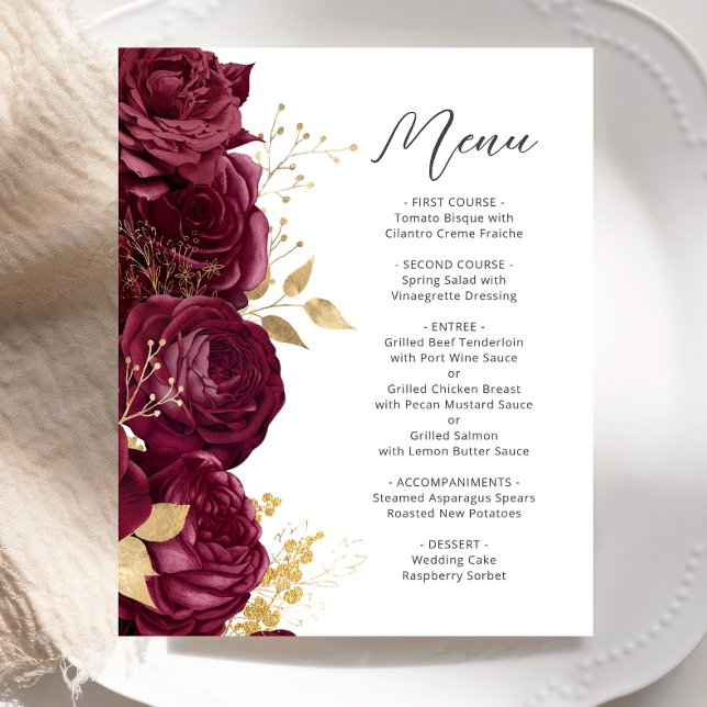 Budget Burgundy Gold Floral Script Wedding Menu (Creator Uploaded)
