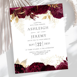 Budget Burgundy Gold Floral Wedding Invitation